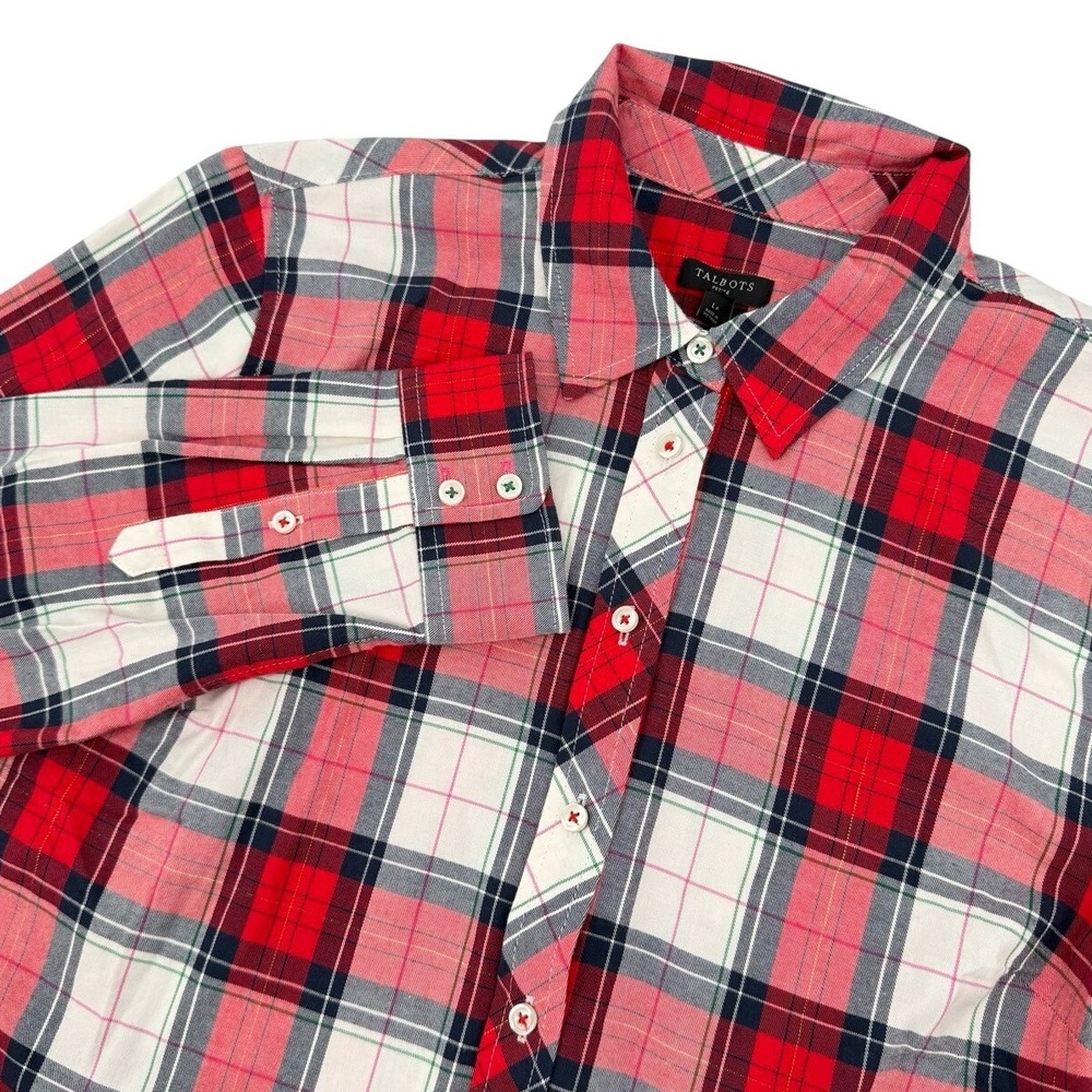 NEW Talbots Womens Petite Large Plaid Button Down Shirt Long Sleeve Metallic Red